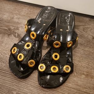 Tory Burch Kathryn Patent Leather Black Sandals with Gold Grommets Size 8 1/2